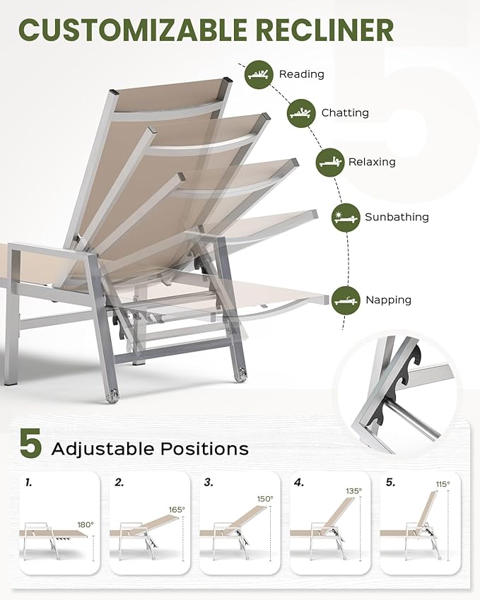 Patio Chaise Lounge Chair Outdoor with Wheels&Armrests, Aluminum Pool Lounge Chairs 5-Position Adjustable Recliner, Outdoor Beach Lounge Chairs for Poolside, Patio, Deck, Yard, Khaki