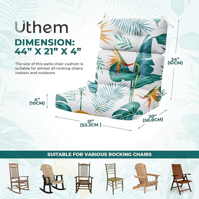 Rocking Chair Cushion, Waterproof Chairs Cushions for Adirondack Chairs Patio Chair High Back Thicked Cushions Outdoor and Indoor with Ties, Yellow Green Leaf