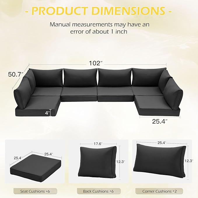 HOMREST Outdoor Replacement Cushions for Patio Furniture,Water-Repellent Sofa Cushion for 6-Seat Rattan Wicker Sectional Patio Conversation Sets,14-Piece Cushions Set for Outdoor Couch（Black）