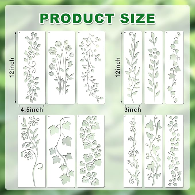 12 PCS Leaf Vine Stencils, Flower Leaves Reusable Plastic Plant Templates, Vine Spring Stencils Set for Painting on Wood Wall Canvas Drawing Art Fabric Furniture DIY Craft Home Decoration, 2 Size