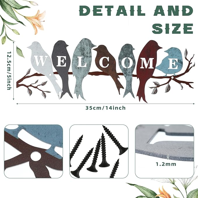 Peryiter Bird Wall Art Birds on Branch Welcome Sign Hanging Outdoor Metal Wall Decor Welcome Signs for Porch Vivid Statue Welcome Wall Decor Tree Silhouette for Bedroom Garden(Vintage Colors)