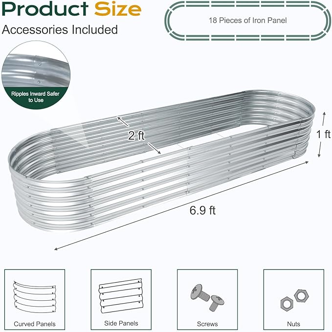 Aoodor Galvanized Raised Garden Bed Kit, 6.9 x 2 x 1 Ft, Oval Planter Box for Vegetables, Flowers, and Herbs, Outdoor Use, Silver