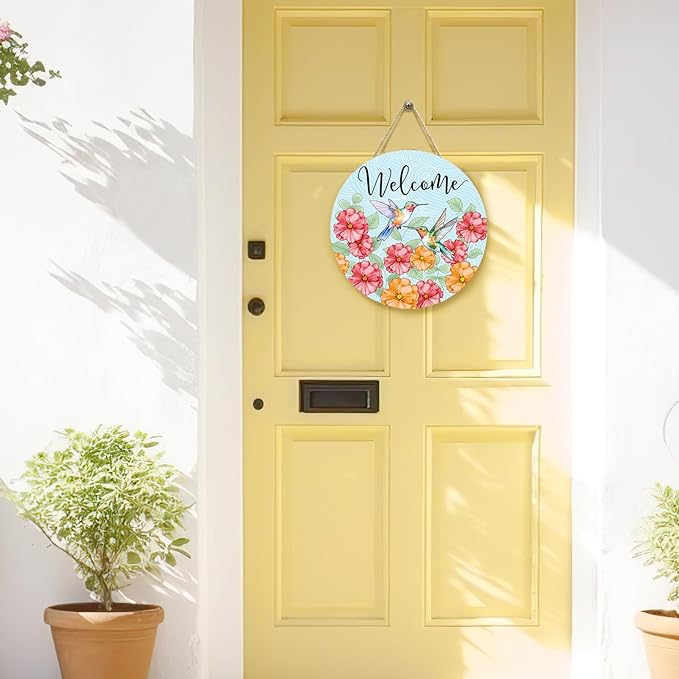 Summer Hummingbird Welcome Door Sign Floral Birds Sign for Front Door Wall Decor Summer Flower Wooden Door Hanger Seasonal Wreath Farmhouse Hanging Home Outdoor Decorations 12 Inch