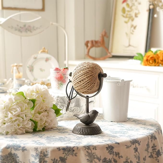 SOFFEE DESIGN Cast Iron Jute Twine Spool with Scissors Holder Set Vintage Style for Garden Farmhouse Kitchen, Natural Jute Twine String & Rope Rack & Scissors, Bird Decorative