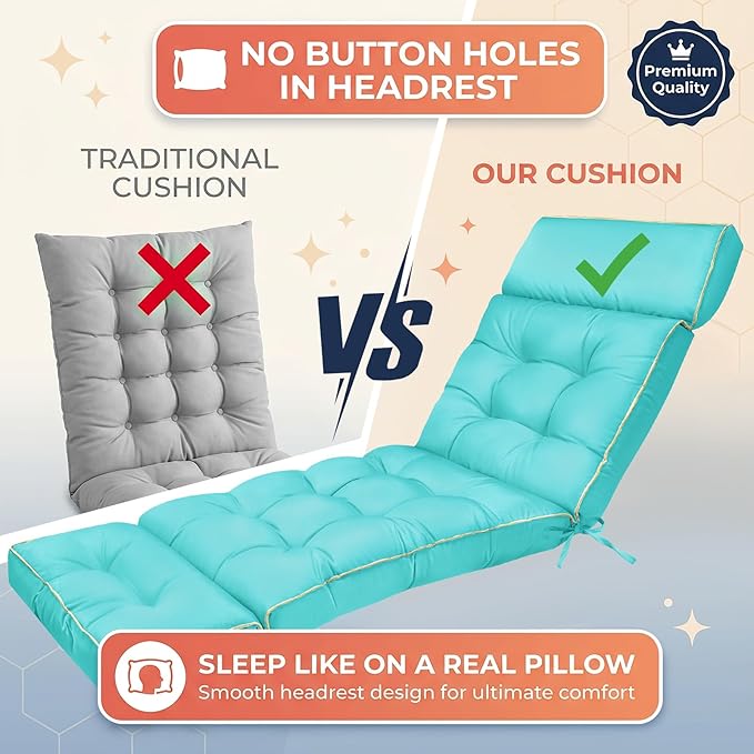 MAGIC ELEPHANT Chaise Lounge Cushion Outdoor, Memory Foam Patio Lounge Chair Cushion with Ties for Indoor Outdoor Furniture, Water-Repellent Replacement Long Chair Cushion (Teal)