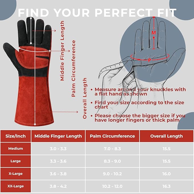 Welding Gloves for Men Women, 16 Inch Leather Heat Resistant Work Gloves, MIG TIG Welding, BBQ, Fireplace
