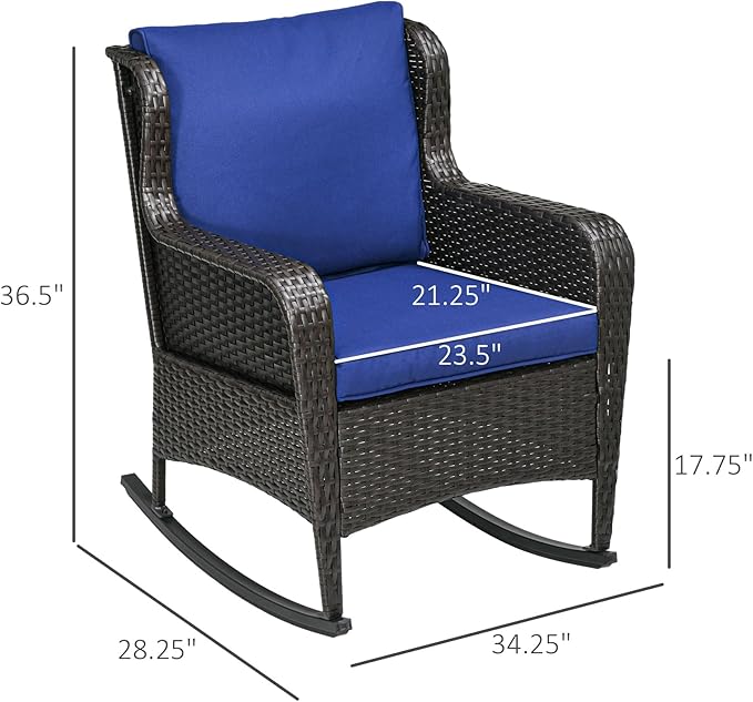 Outsunny Outdoor Wicker Rocking Chair with Wide Seat, Thick Cushions, Rattan Rocker with Steel Frame, High Weight Capacity for Patio, Garden, Backyard, Dark Blue
