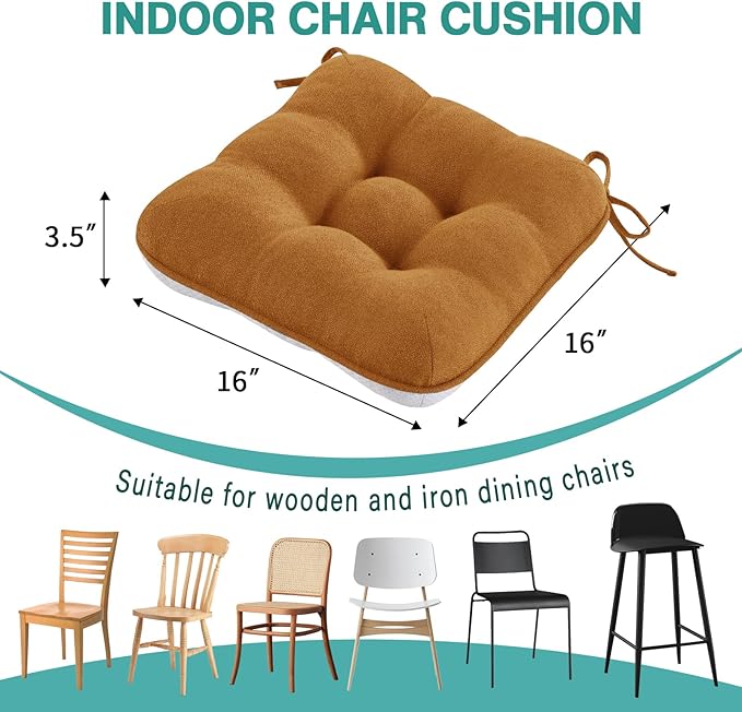 BETU Chair Cushions for Dining Chairs Set of 2,3.5" Thick Kitchen Table Chair Pads with Ties,Non Slip Backing and Covers, Seat Cushion for Dining Room,Bar,Patio Chairs,16"X16"X3.5",Caramel