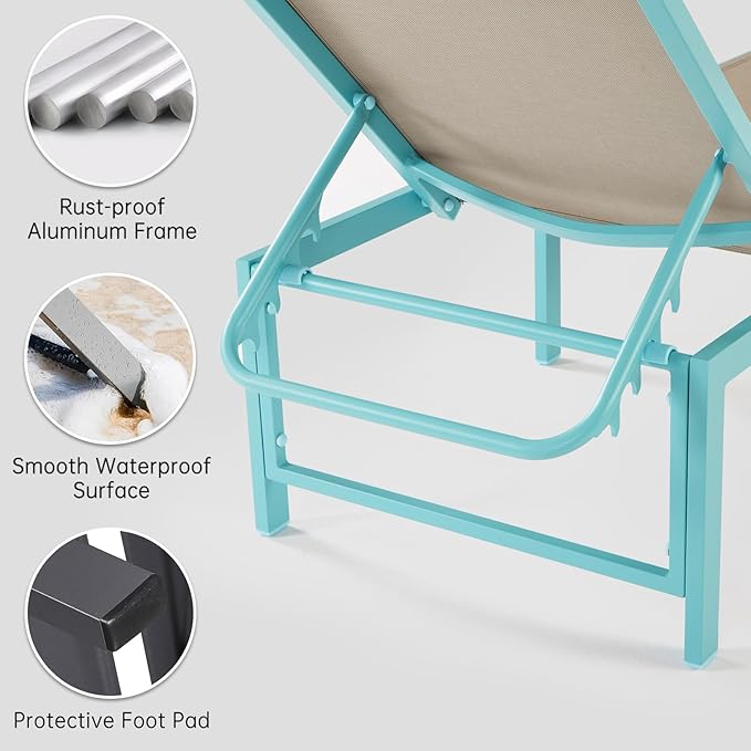 Outdoor Pool Lounge Chairs Set 2 pcs, Aluminum Outdoor Lounge Chair, Five-Position Recliner Loungers for Poolside Yard Balcony Deck Beach (Blue)