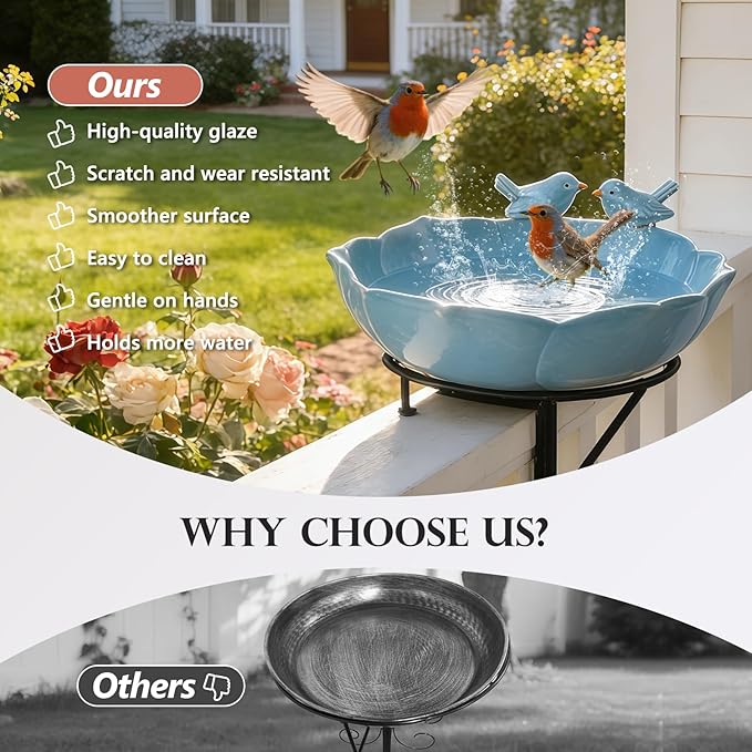 Ceramic Bird Bath for Outdoors, 10.1” Hand-Painted Glazed Ceramic Bird Baths Bowls and Feeders for Outside, UV/Frost-Resistant Finish Ground Garden Table Top Bird Baths Decor for Patio Yard Home Blue