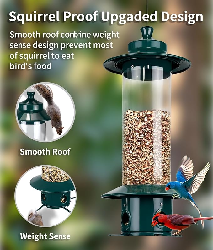 Squirrel Proof Bird Feeders for Outdoor: 4.8LB Large Capacity Hanging Bird Feeder, Weight-Activated Mechanism Wild Bird Feeders, Chew-Proof Metal Birdfeeder for Finch Cardinal Chickadee