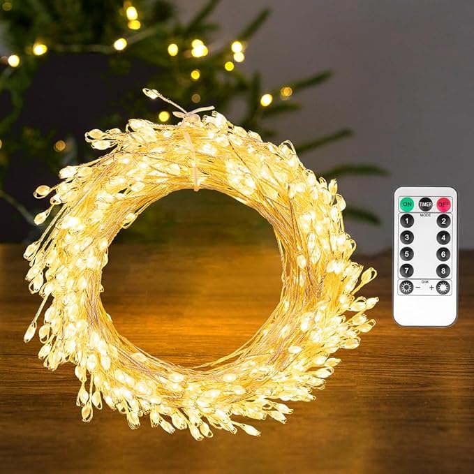 Fairy Lights Plug in, 100FT 1000LED Firecracker String Lights Waterproof Silver Wire, for Bedroom/DIY/Party/Garden/Porch/Patio/Backyard/Christmas Tree, with Remote Timer & 8 Modes, Warm White