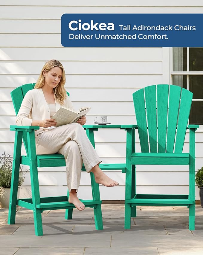 Ciokea Tall Adirondack Chairs Set of 2, HDPE Outdoor Adirondack Bar Stools with Double Connecting Tray, Weather Resistant High Back Adirondack Balcony Chairs for Deck, Lawn, Pool, Backyard, Lake Blue