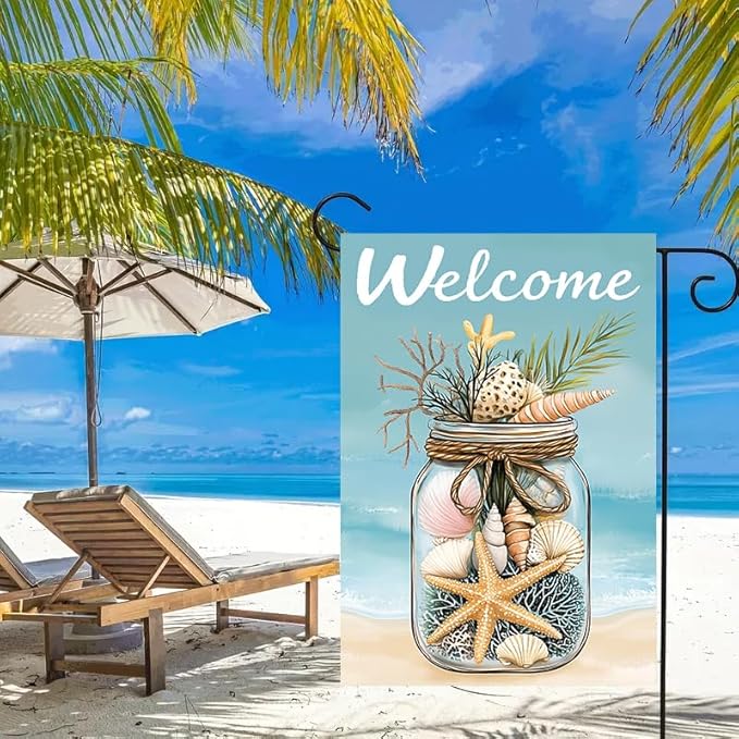 Summer Garden Flag 12x18 Double Sided, Burlap Seasonal Rustic Beach Shell Garden Flags Summer Outdoor Decorations, Small Decorative Yard Lawn Porch Flags for Outside Décor