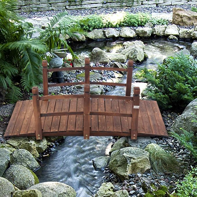 5 ft Garden Bridge, Stained Wooden Arch Walkway with Safety Railings. Perfect for Ponds, Creek Beds and Wedding Decor. Rustic Landscaping Accent Piece