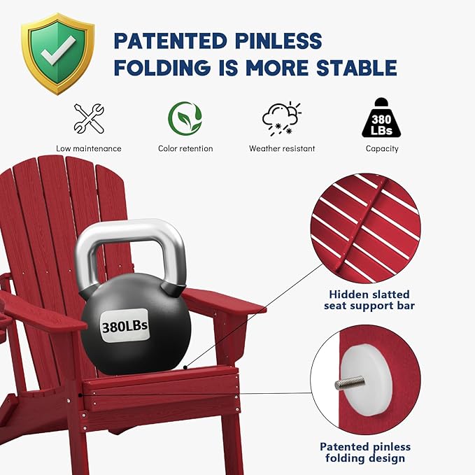 Plawdlik Folding Adirondack Chair Set of 6 with Cup Holder，Wooden Textured ，Heavy All-Weather HDPE Comfortable Set Poolside Backyard Lawn, Red