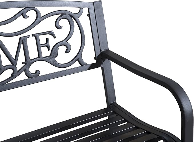 Outsunny 50" Outdoor Metal Welcome Bench, Garden Bench with Slatted Seat, Patio Bench for Park, Porch, Yard, Entryway, Black