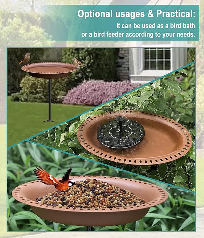 Garbuildman Extra-Large Freestanding Birdbaths Bowl, Detachable Decoration Spa with Metal Stake Stand & Birdfeeder for Outdoor Garden, Oval Style, Chocolate