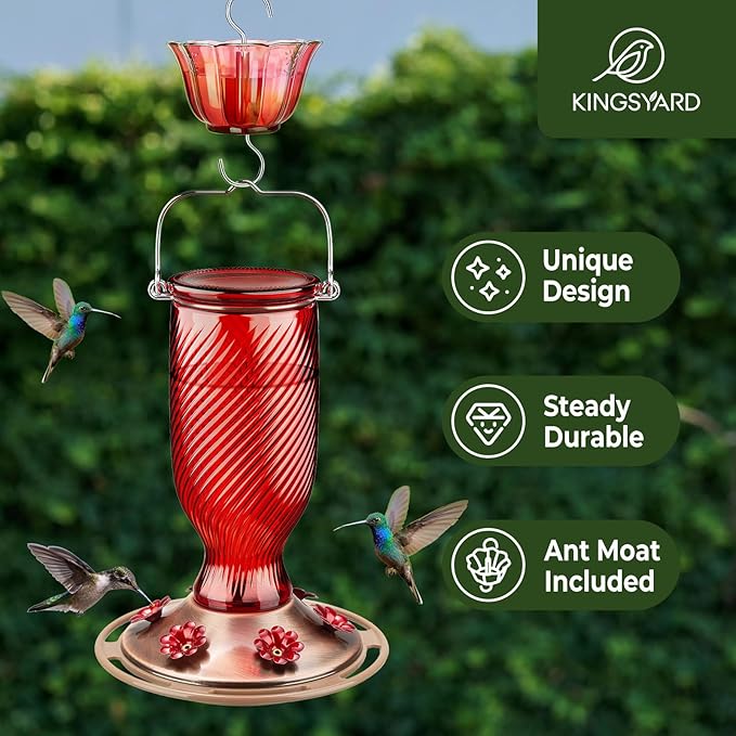 Kingsyard Glass Hummingbird Feeders for Outdoors, 24 oz Hummingbird Nectar Feeder for Garden Decorations with 6 Feeding Ports, Ant Moat Included, Gifts for Women Mom, Easy to Clean & Refill, Red