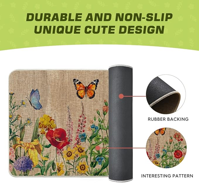 Artoid Mode Wood Flowers Butterfly Spring Doormat, Home Summer Decor Low-Profile Switch Rug Door Mat Floor Mat for Indoor Outdoor 17x29 Inch