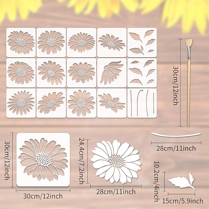 15PCS Large Sunflower Stencils for Painting 12 x 12 Inch Flower Stencils with Brushes Reusable Floral Wall Stencil Sunflower Plastic Template for Wall Furniture Garden Fabrics
