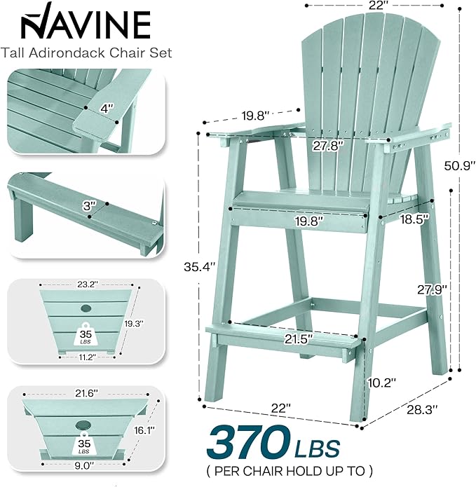 Tall Adirondack Chairs Set of 8, HDPE Balcony Chair with Double Connecting Tray, Weather Resistant Outdoor Adirondack Bar Stools for Patio, Deck, Patio, Backyard, Balcony. (Lake Blue)