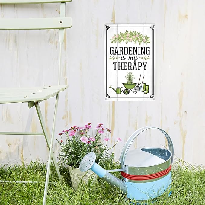 Funnysign Vintage Gardening Tin Sign – “Gardening Is My Therapy” – Floral Farmhouse Wall Art, Rustic Garden Metal Decor, Perfect for Patio, Porch, Greenhouse, or Indoor Home Display, 8×12 Inch (9820)