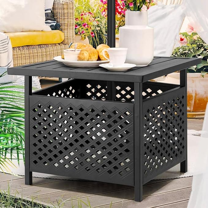 PHI VILLA 3 Piece Outdoor Bistro Set for 2, 22" Metal Steel Square Table with Umbrella Hole & Stacking Iron Chairs, Small Furniture Conversation Set for Porch, Deck, Balcony,Patio, Yard - Black