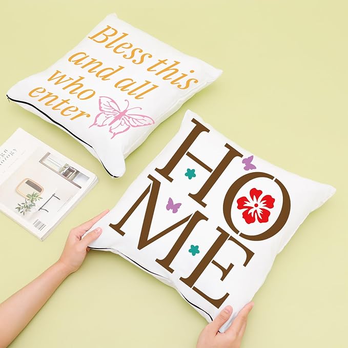 MAYJOYDIY 3pcs Welcome Words Stencils Home Sign Stencils Bless This Home and All who Enter Butterfly Flower Template Splicing Size 38.5×19.8inch with Paint Brush Room Front Door Wall Decor
