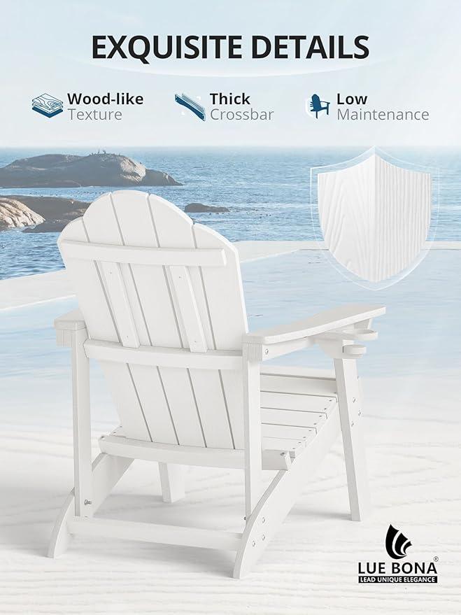 LUE BONA HDPE Adirondack Chairs Set of 4 - Salt-Spray Resistant Seating with Cup Holder for Poolside, Fire Pit, Deck & Coastal Resort, White