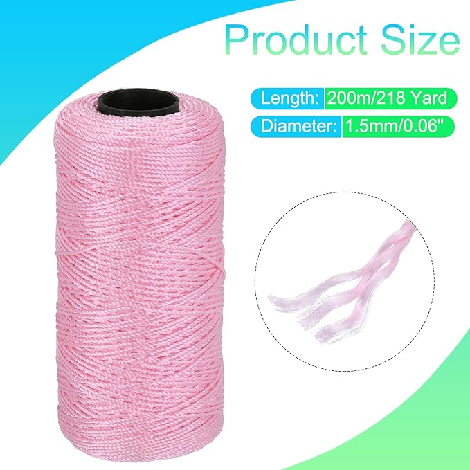 MECCANIXITY Nylon String 3 Strands Twisted Mason Line 1.5mm x 218 Yards Nylon Twine String for DIY Projects, Home Improvement, Gardening, Gift Wrapping, Christmas Party Supplies, Light Pink