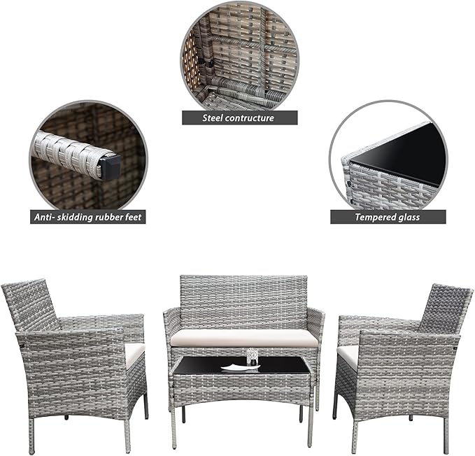 Homall 4 Pieces Outdoor Patio Furniture Sets Rattan Chair Wicker Set,Outdoor Indoor Use Backyard Porch Garden Poolside Balcony Furniture (Grey and Beige)