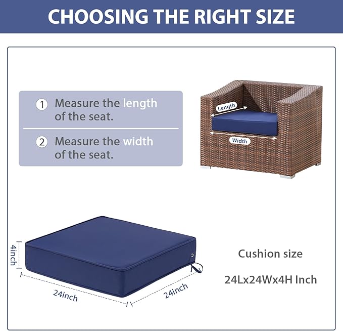 Outdoor Chair Cushions Set of 2, Waterproof Patio Chair Cushions, Outdoor Patio Furniture Replacement Seat Cushions, 24 x 24 x 4 inch, Blue