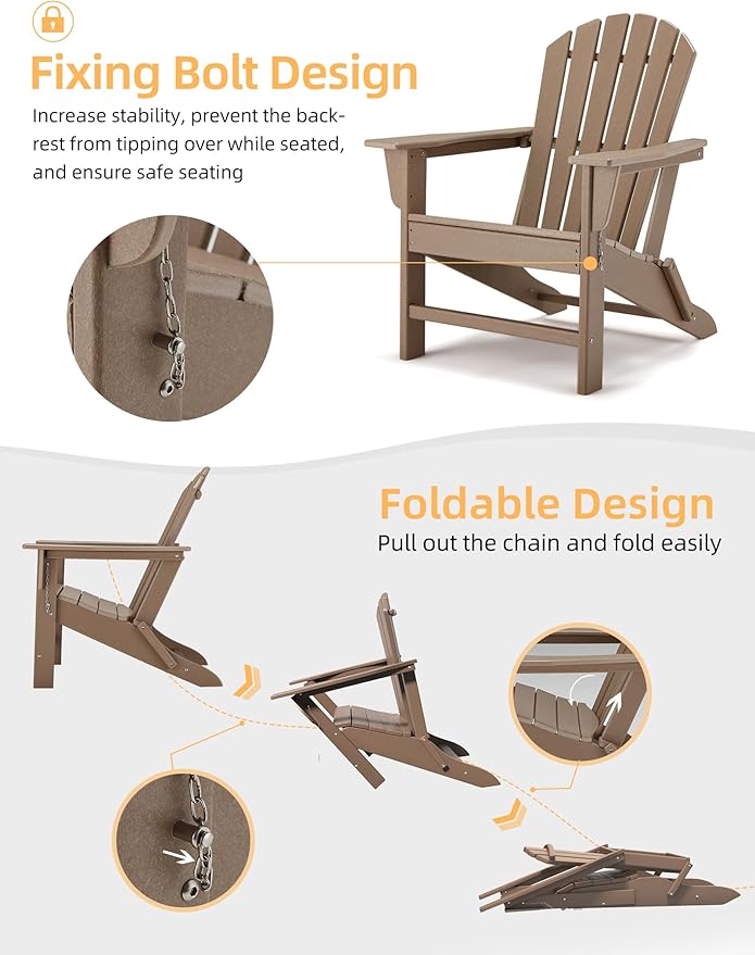 Folding Adirondack Chair - Durable HDPE Poly Lumber All-Weather Resistant, Foldable Oversized Balcony Porch Patio Outdoor Chair for Lawn, Backyard, Garden, Camping - Easy Installation, Pale Ocre