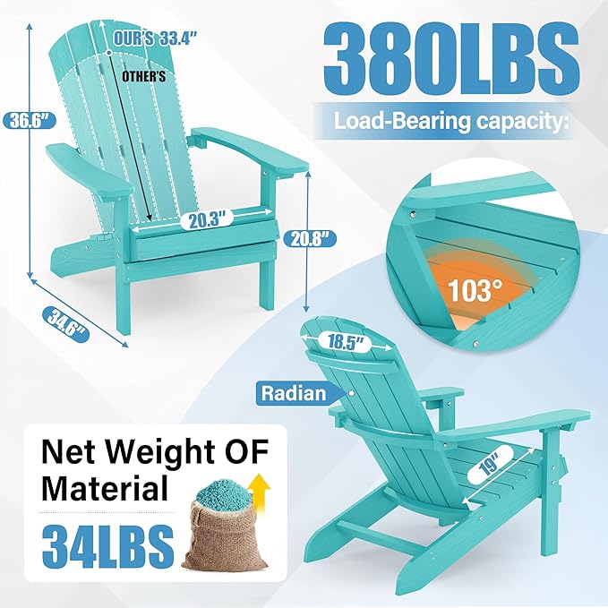 YEFU Adirondack Chairs Set of 4: Outdoor Chair HIPS Plastic Adirondack Chairs - Patio Chairs with Wood Texture - Lawn Fire Pit Deck Porch Garden Chairs for Adults (Aruba)