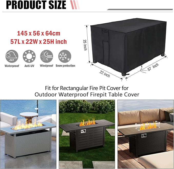 Rectangular Fire Pit Cover for Best Choice Products 57 inch Propane Gas Fire Pit Table,Outdoor Waterproof Firepit Table Cover - 57 X 22 X 25 Inch