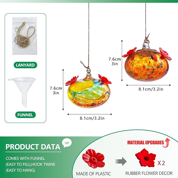 Set 2 Hummingbird Feeders for Outdoors Hanging 3.2in Small Blown Glass Humming Bird Feeder for Window Humming Bird Feeders with 2 Flower Feeding Ports