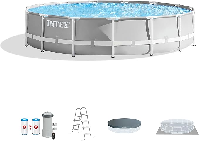 Intex 26723EH Prism Frame Premium Above Ground Swimming Pool Set: 15ft x 42in – Includes 1000 GPH Cartridge Filter Pump – Removable Ladder – Pool Cover – Ground Cloth