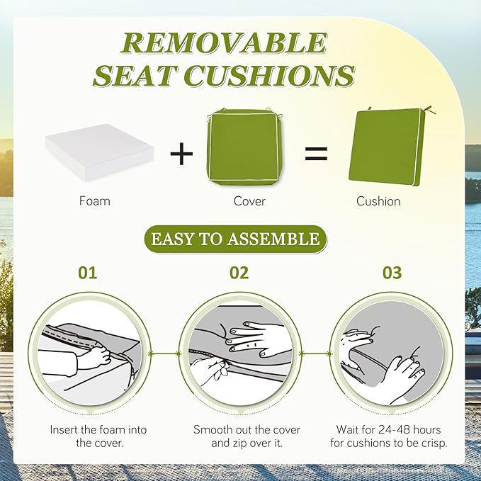 Waterproof Outdoor Chair Cushions Set of 2, Square Outdoor Seat Cushions with Ties and Removable Covers, 22 x 22 Outdoor Cushions for Patio Furniture with Portable Handle(Grass Green/White)