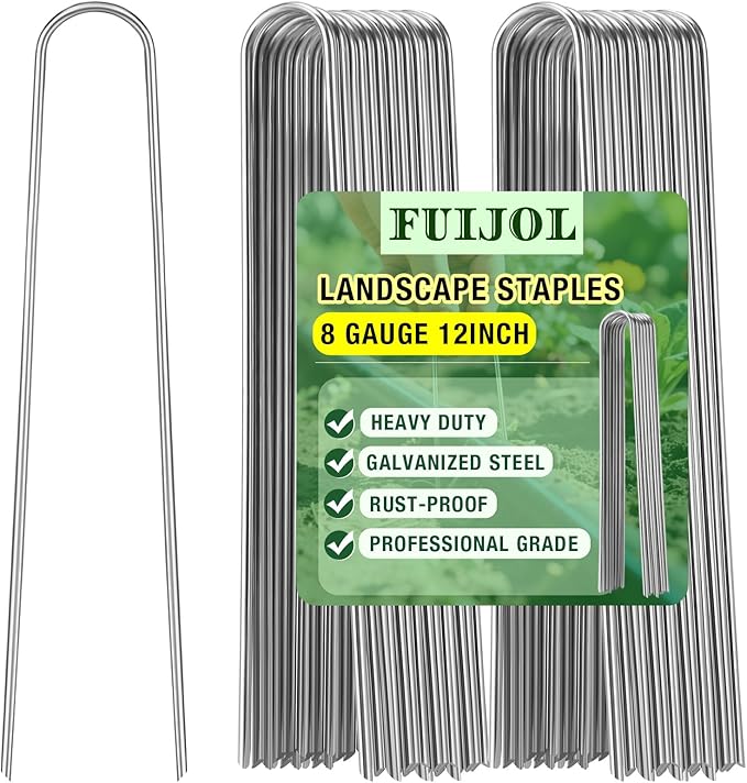 8 Gauge Landscape Staples, FUIJOL 12 Inch 15 25 50 100 Pack Heavy Duty U-Shaped Landscape Stakes, Galvanized Garden Staples for Weed Barrier Stakes, Ground Cover, Irrigation Tubing, Fence (15,12 Inch)