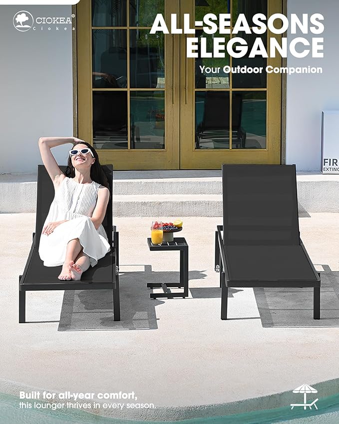Ciokea Patio Chaise Lounge Chair Set of 2, Outdoor Lounge Chairs with Wheels, 5-Position Adjustable Sun Loungers for Pool, Deck, Beach, Black