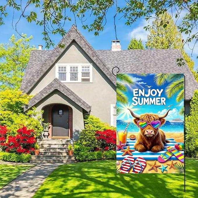 Summer Garden Flags 12x18 Inch Double Sided, Burlap Seasonal Farmhouse Beach Highland Cow Garden Flag Summer Outdoor Garden Decor, Small Decorative Yard Lawn Porch Flags for Outside