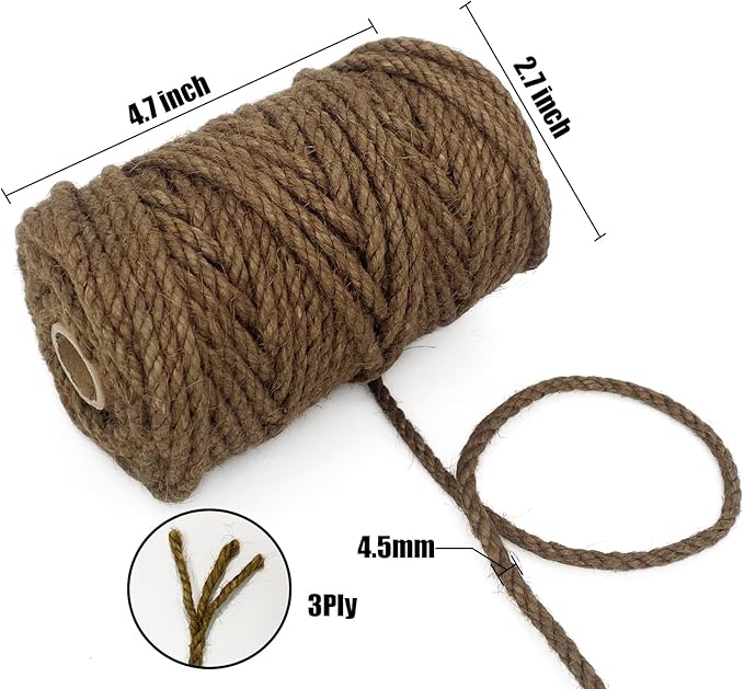 Leecogo 4.5mm Jute Rope 100 Feet Natural Craft Rope Twine String Perfect for Home Gardening Macrame Arts Crafts DIY Cat Scratching Post Replacement Repairing Recovering Cats Toy Making,Dark Brown