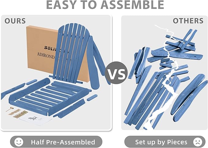 SoliWood Outdoor Wooden Folding Adirondack Chair Set of 4 with Pre-Assembled BackRest, Wood Patio Chair for Garden Backyard Porch Pool Deck Firepit
