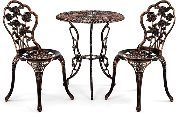 VINGLI 3 PCS Outdoor Bistro Set, Outdoor Patio Set, All-Weather Cast Aluminum Bistro Table Set, Bistro Table and Chairs Set of 2 for Backyard, Garden, Balcony (Bronze, Rose)