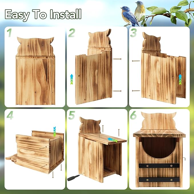 Owl House for Outdoors, Cedar Owl Nesting Box, Durable Carbonized Wood Shelter for Squirrels and Wildlife, Ideal Garden Décor