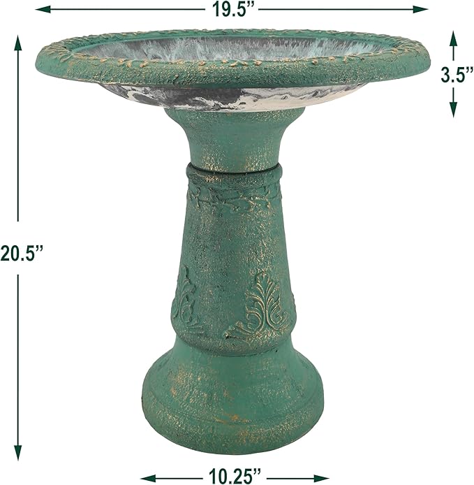 Arcadia Garden Products BB04 Fiberclay Bird Bath Outdoor Garden Decor, Antique Vintage Weather Resistant Water Bowl for Backyard and Patio and, 20-inch Tall, Green