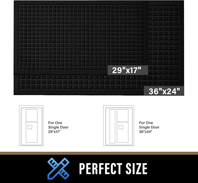 PLEASOR Front Door Mat Indoor Outdoor Entrance, Dirt Resistant and Absorbent Doormat, Sturdy Non-Slip Backing Entry Mat, Fade Resistant, Easy Clean Low-Profile Entryway Mat, 36x24, Black