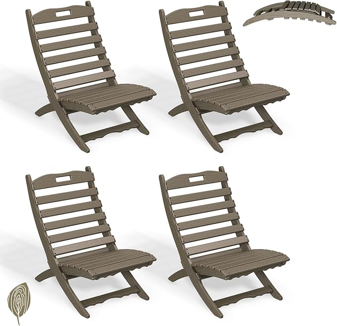 GREENVINES Folding Wave Chairs Set of 4 | Xavier | Portable Adirondack Chair | HDPE Wood Grain | All Weather | Desert Brown | for Fire Pit Beach Outdoor Deck Poolside Garden Patio Porch Fishing