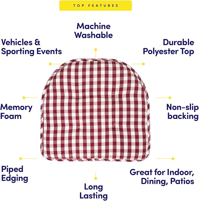 Sweet Home Collection Chair Cushion Memory Foam Pads Tufted Slip Non Skid Rubber Back U-Shaped 17" x 16" Seat Cover, 4 Count (Pack of 1), Checkered Wine/White